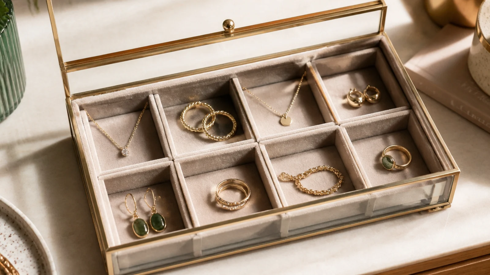 A clear glass box with brass-edged lid divided into velvet-lined compartments, each holding a different set of jewelry.