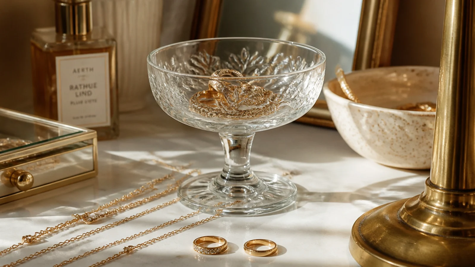 A vintage etched coupe glass on a vanity holding rings and a coiled bracelet, catching the light in its bowl.