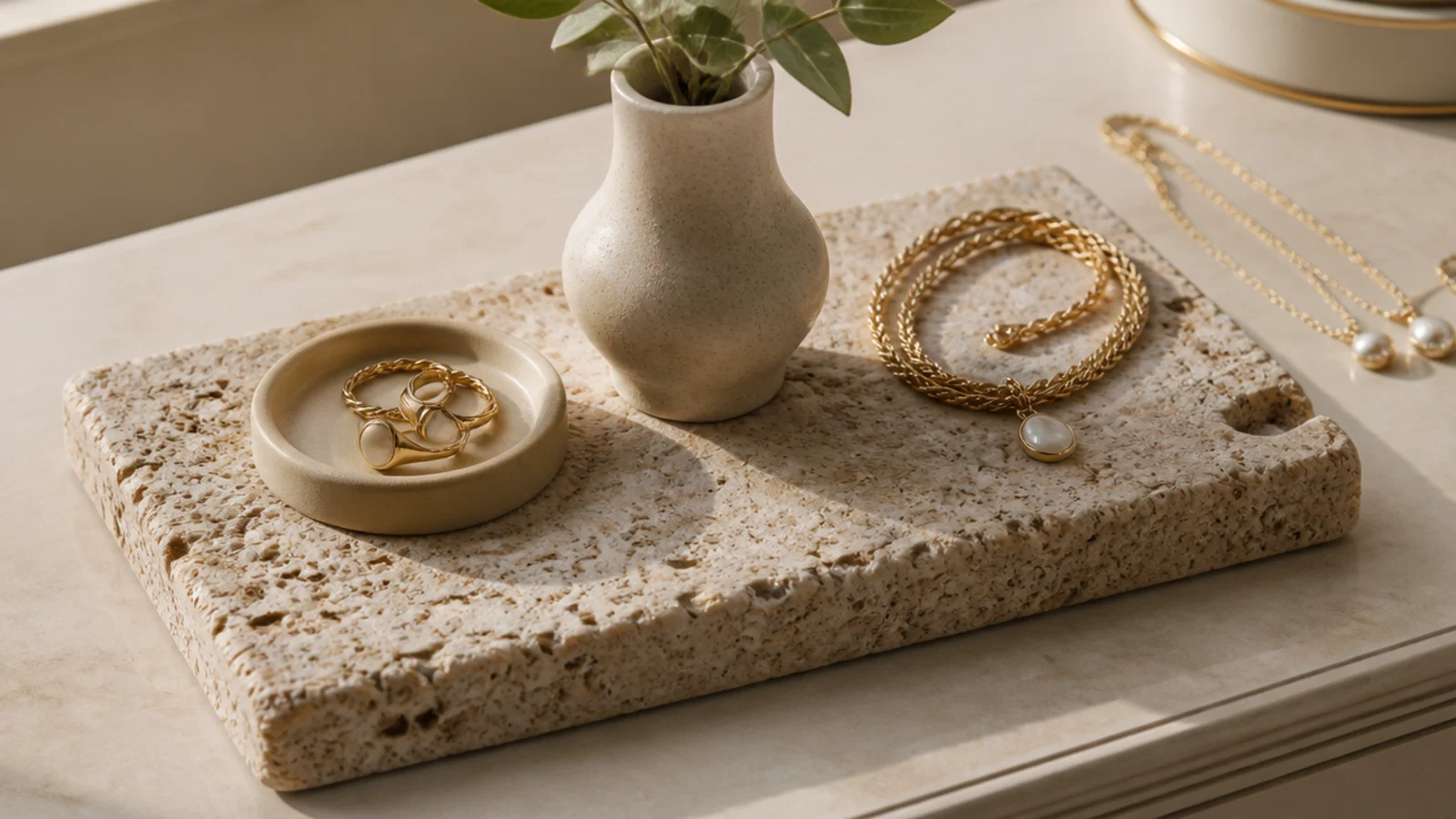 A rectangular travertine stone slab on a dresser holding a ring dish, a small vase, and a coiled necklace.