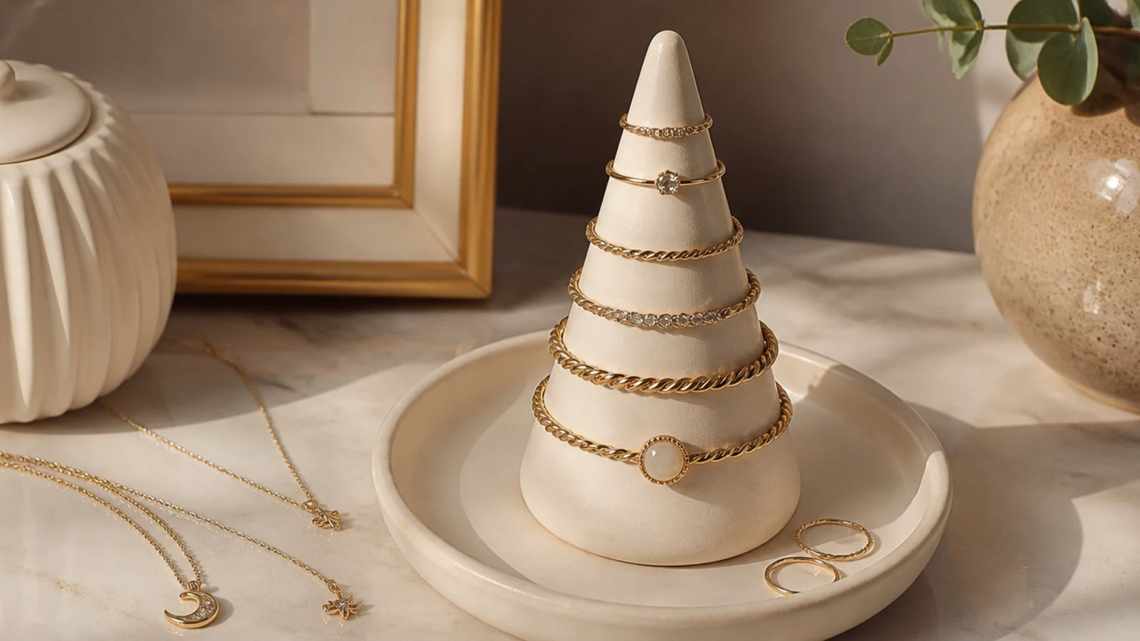 A small matte-cream ceramic cone on a saucer, rings stacked down its slope in graduated sizes.