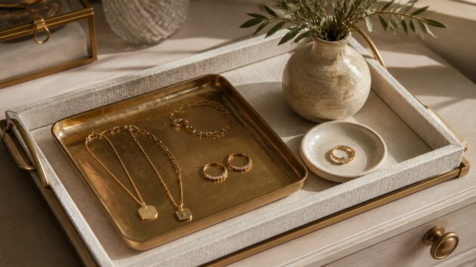 A large linen-lined tray holding a smaller brass tray, a ring dish, and a small vase, layered on a dresser.