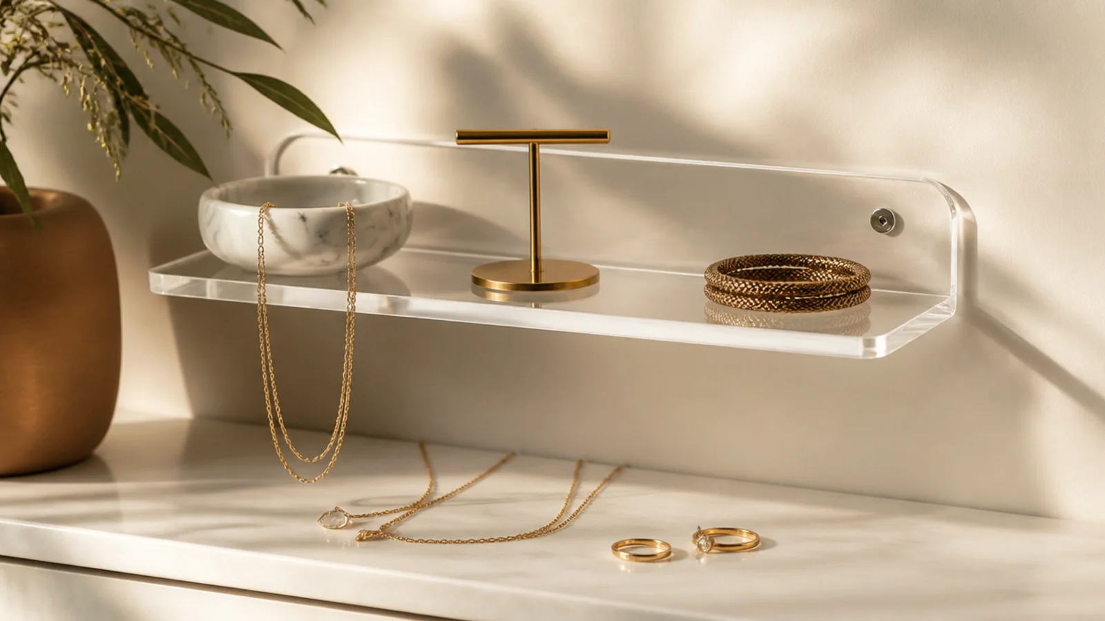 A slim clear acrylic wall shelf holding a marble dish, a small brass stand, and a coiled bracelet, appearing to float.