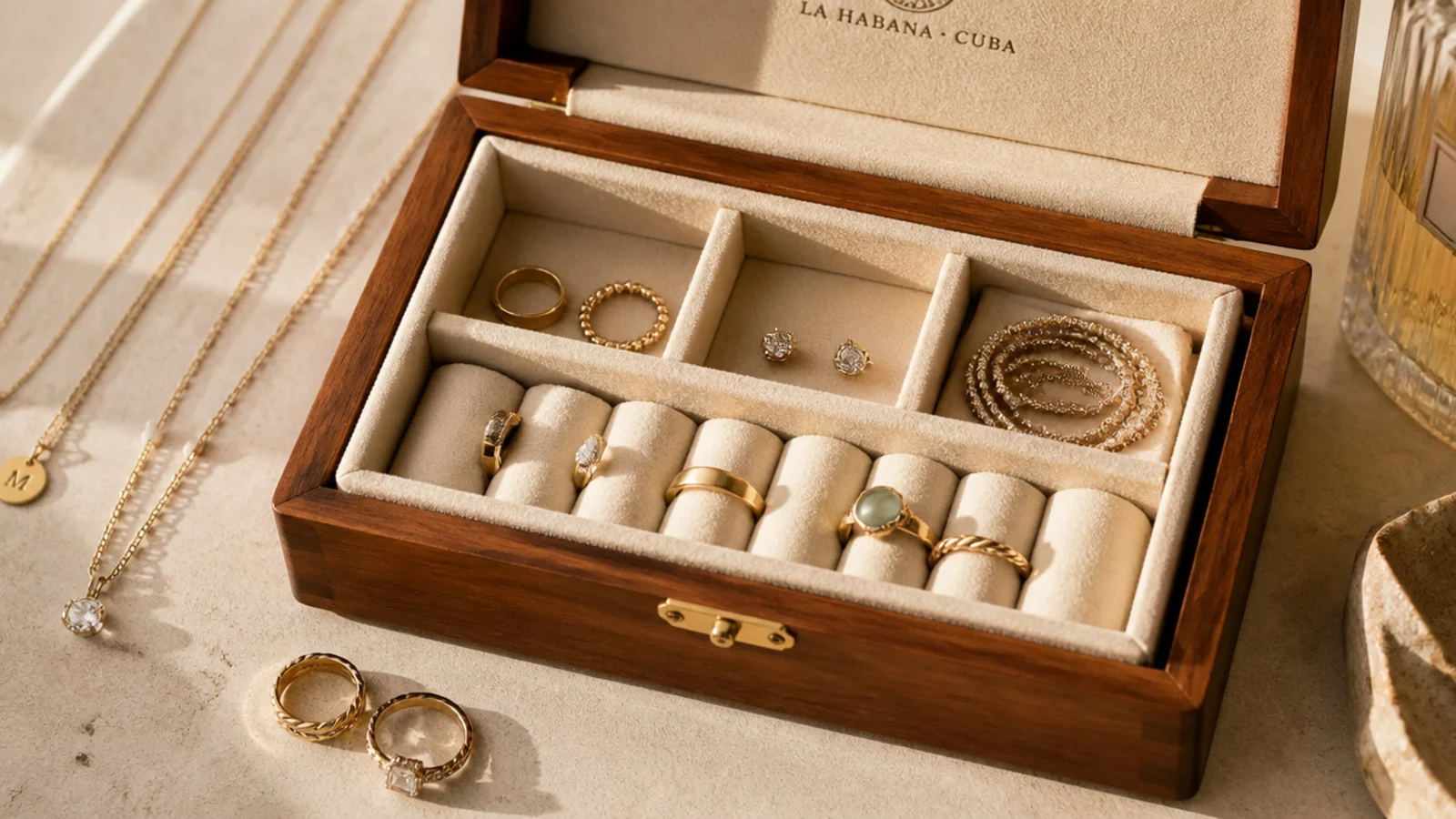 A wooden cigar box lined in cream felt with foam dividers, holding rings, studs, and a coiled bracelet, lid open.