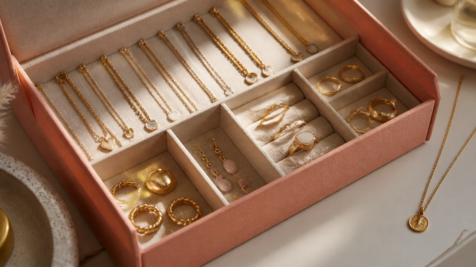 A sturdy shoebox lined with fabric and split into compartments with cardboard dividers, holding sorted jewelry.