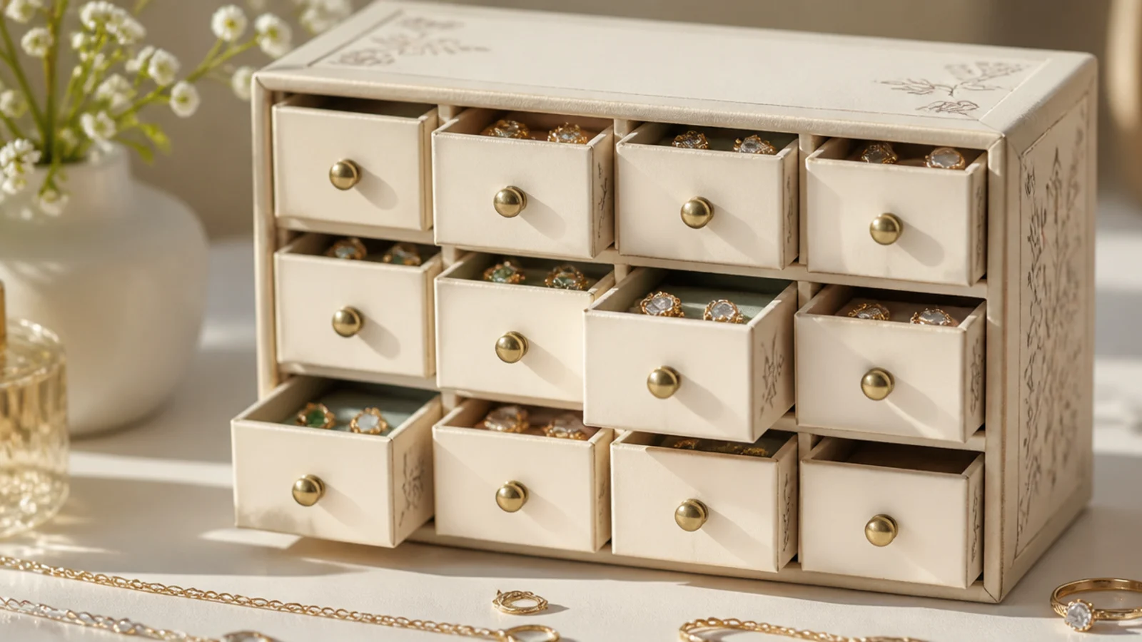 A stack of small matchboxes glued into a mini chest of drawers, painted cream, each tiny drawer holding studs or rings.