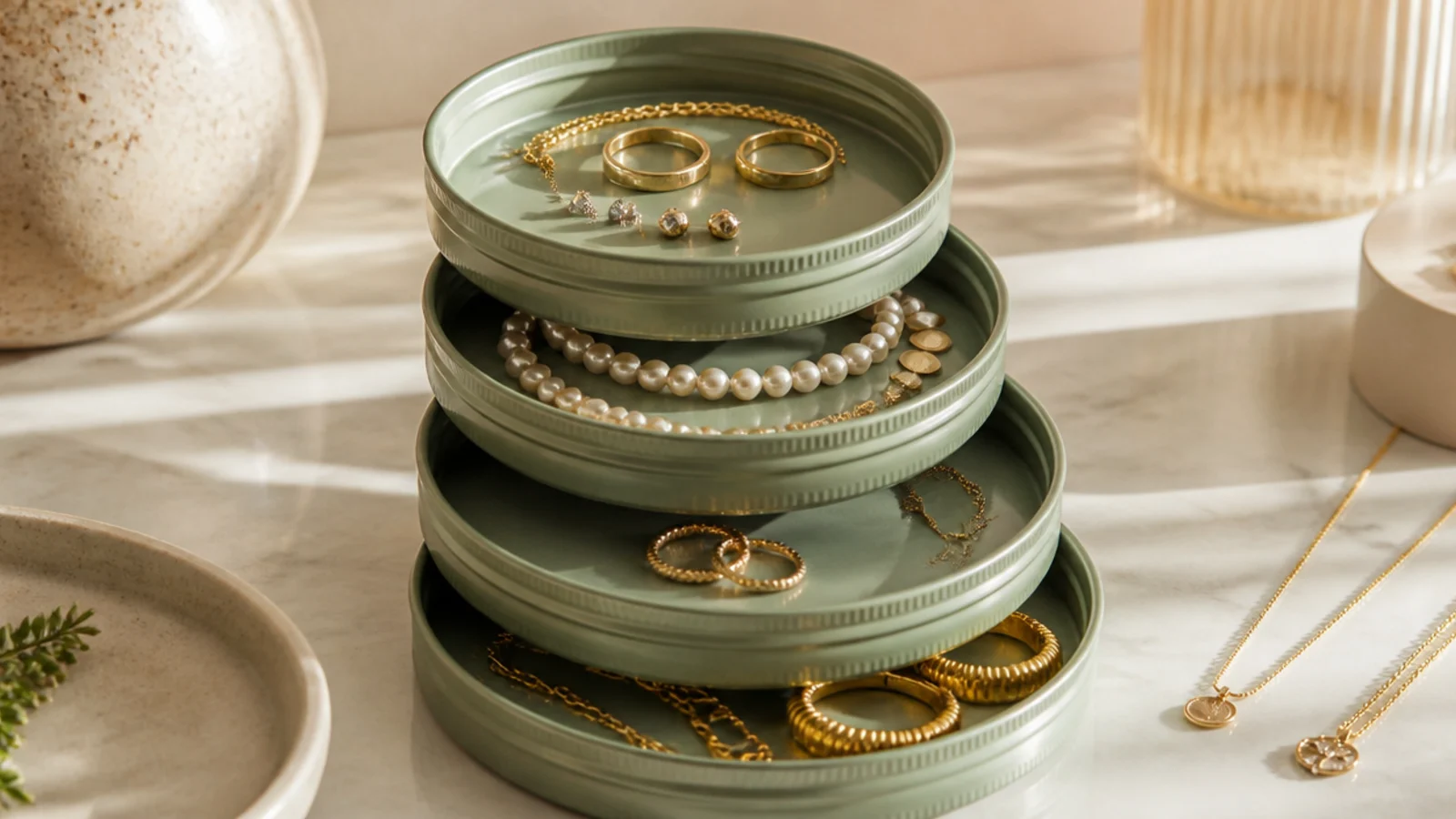 A short stack of shallow round tins made from jar lids, painted sage, each layer holding a different small jewelry type.