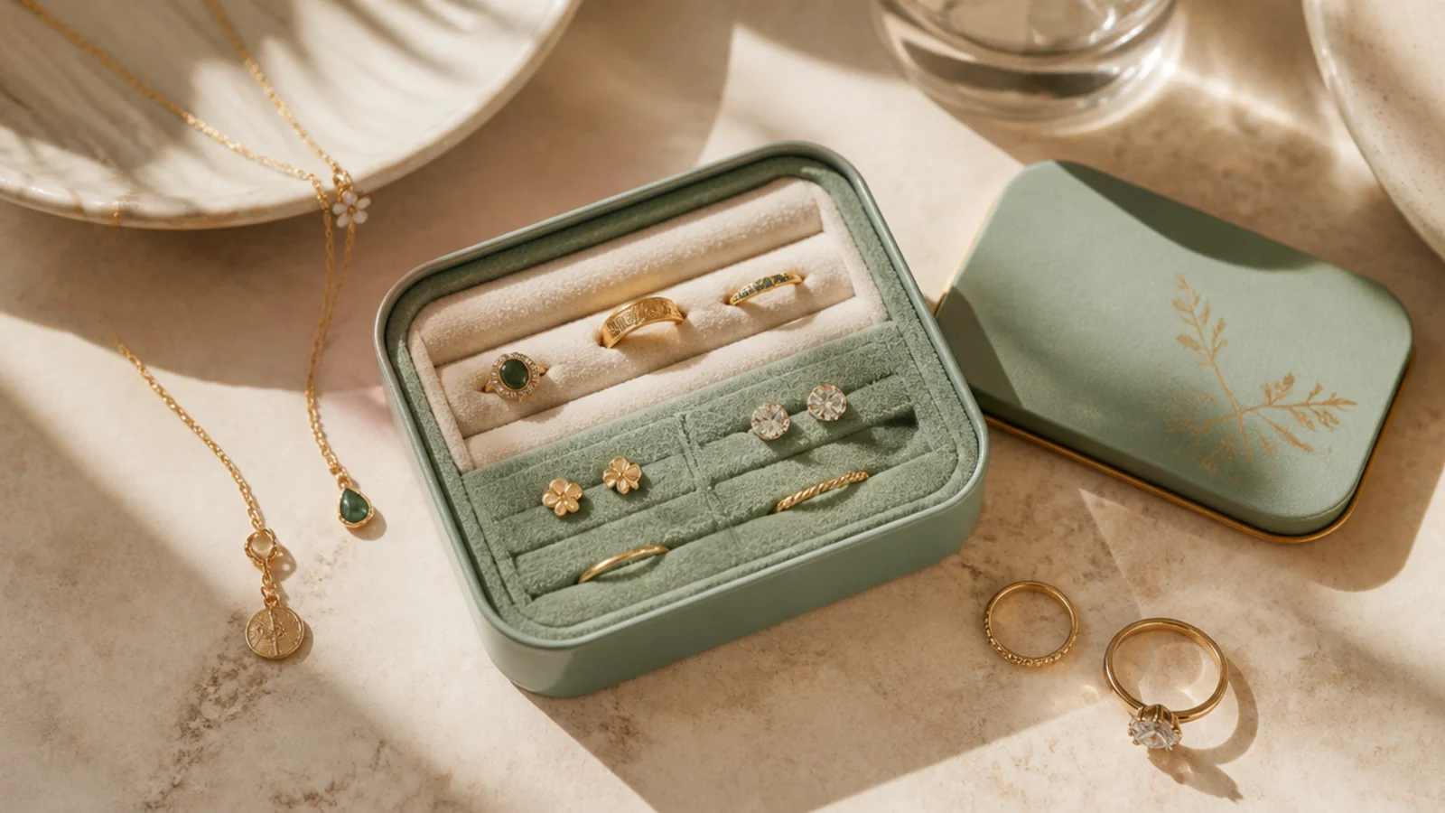 A small mint tin lined with foam and felt, holding a few rings and stud pairs in cut slots, closed lid nearby.