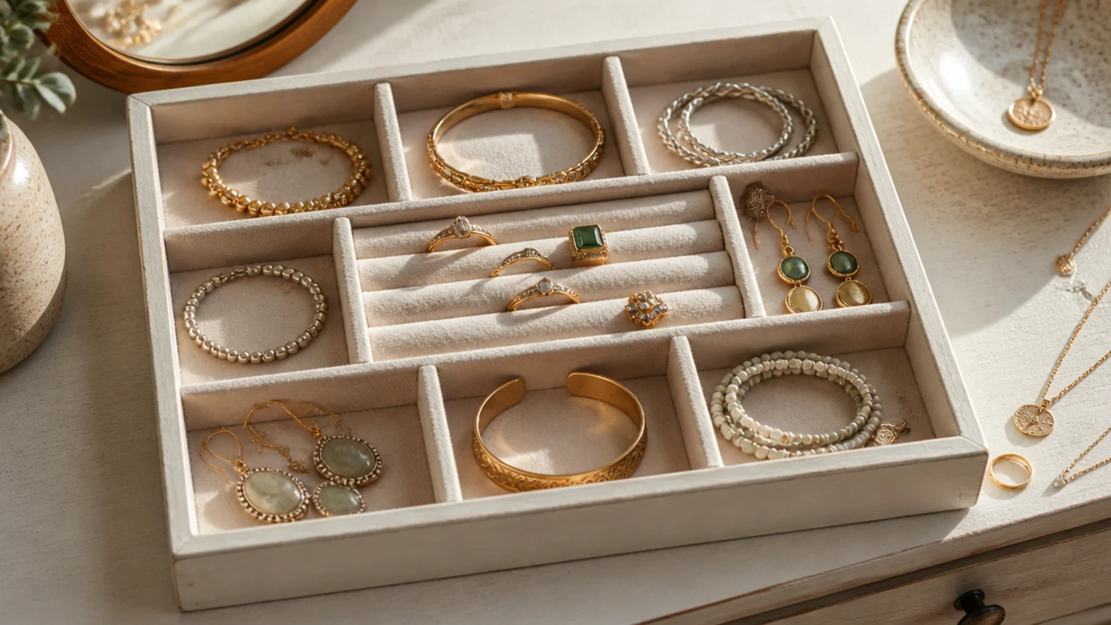 A small wooden crate painted cream with felt-lined divider sections, holding bracelets, rings, and earrings on a dresser.