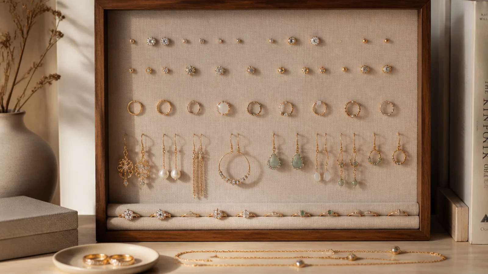 A deep shadow-box frame lined with linen standing on a dresser, rings and studs pinned and earrings hooked inside.