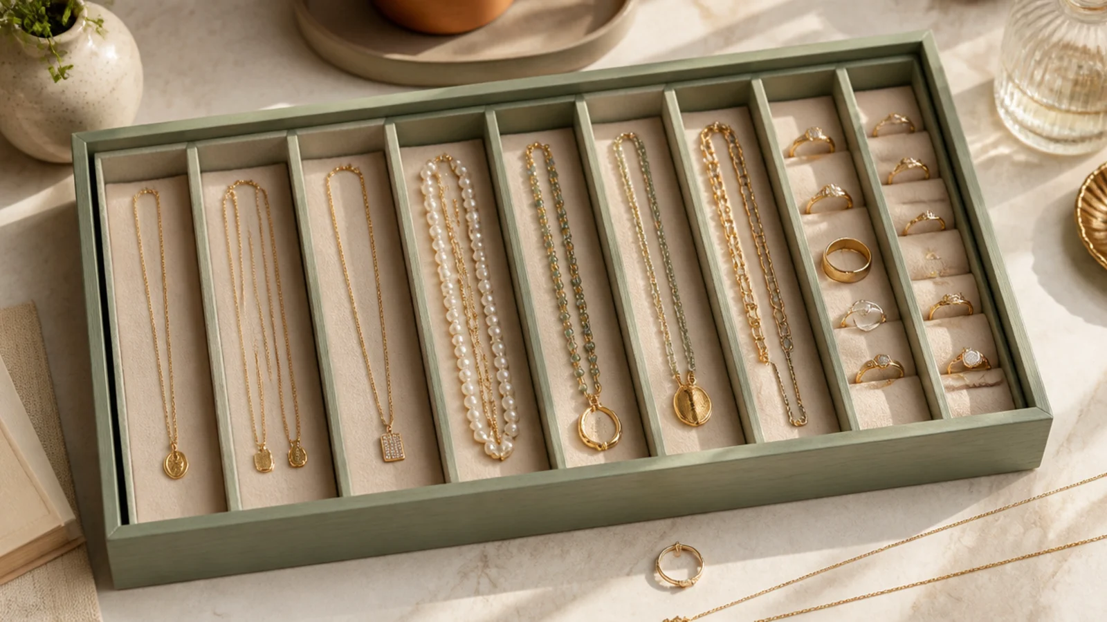 A wooden cutlery tray painted sage with felt-lined slots, each channel holding bracelets, necklaces, or rows of rings.