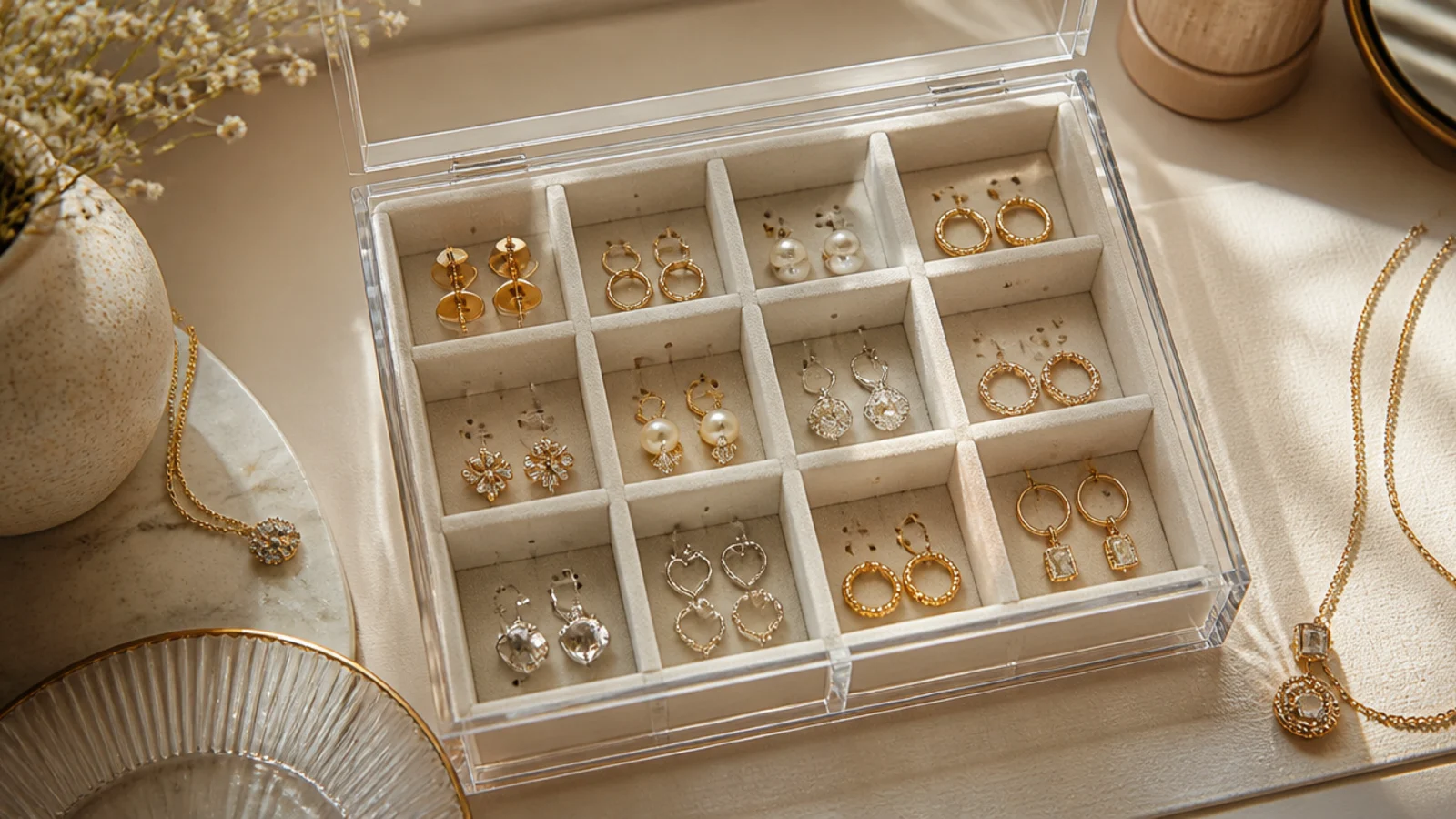 A clear divided bead-storage box with adjustable compartments, each holding studs, rings, or small pendants.