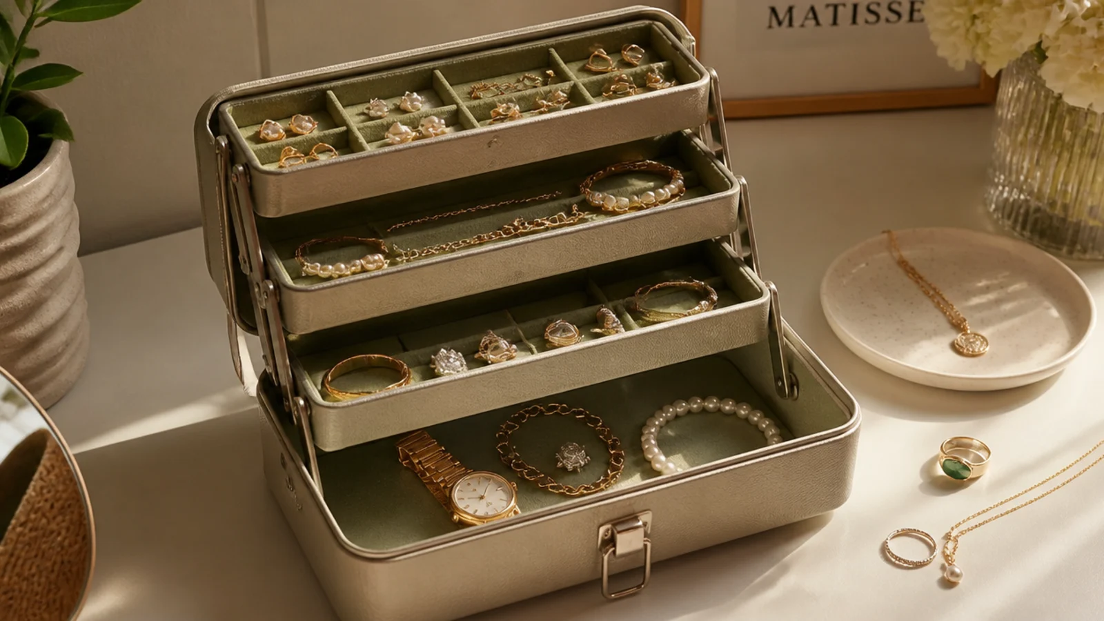 A metal tackle box open to show fold-out tiered trays lined with felt, holding rings, earrings, and bracelets.