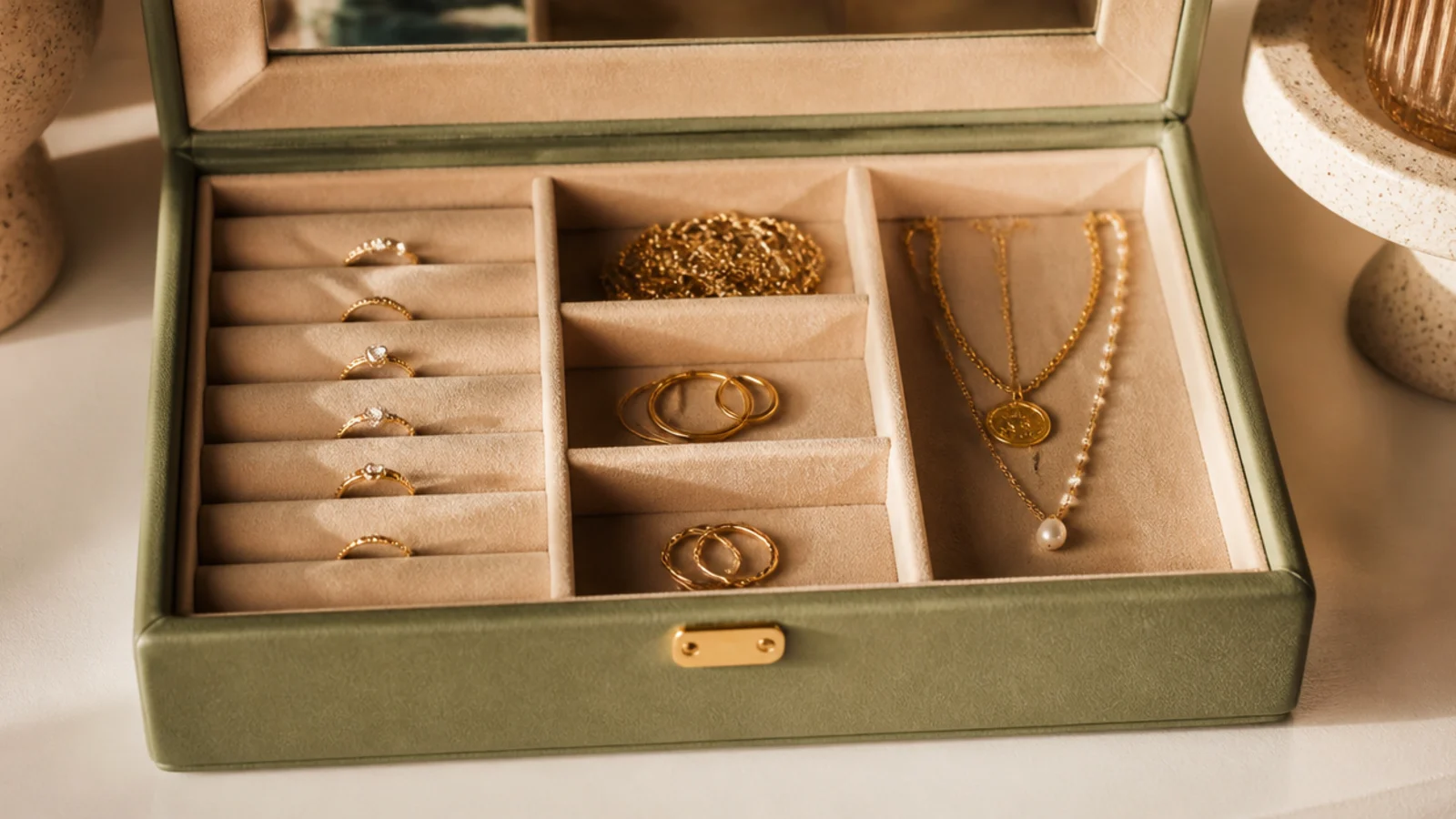 A decorative lidded photo box lined with felt and divided into sections, holding sorted jewelry, on a shelf.