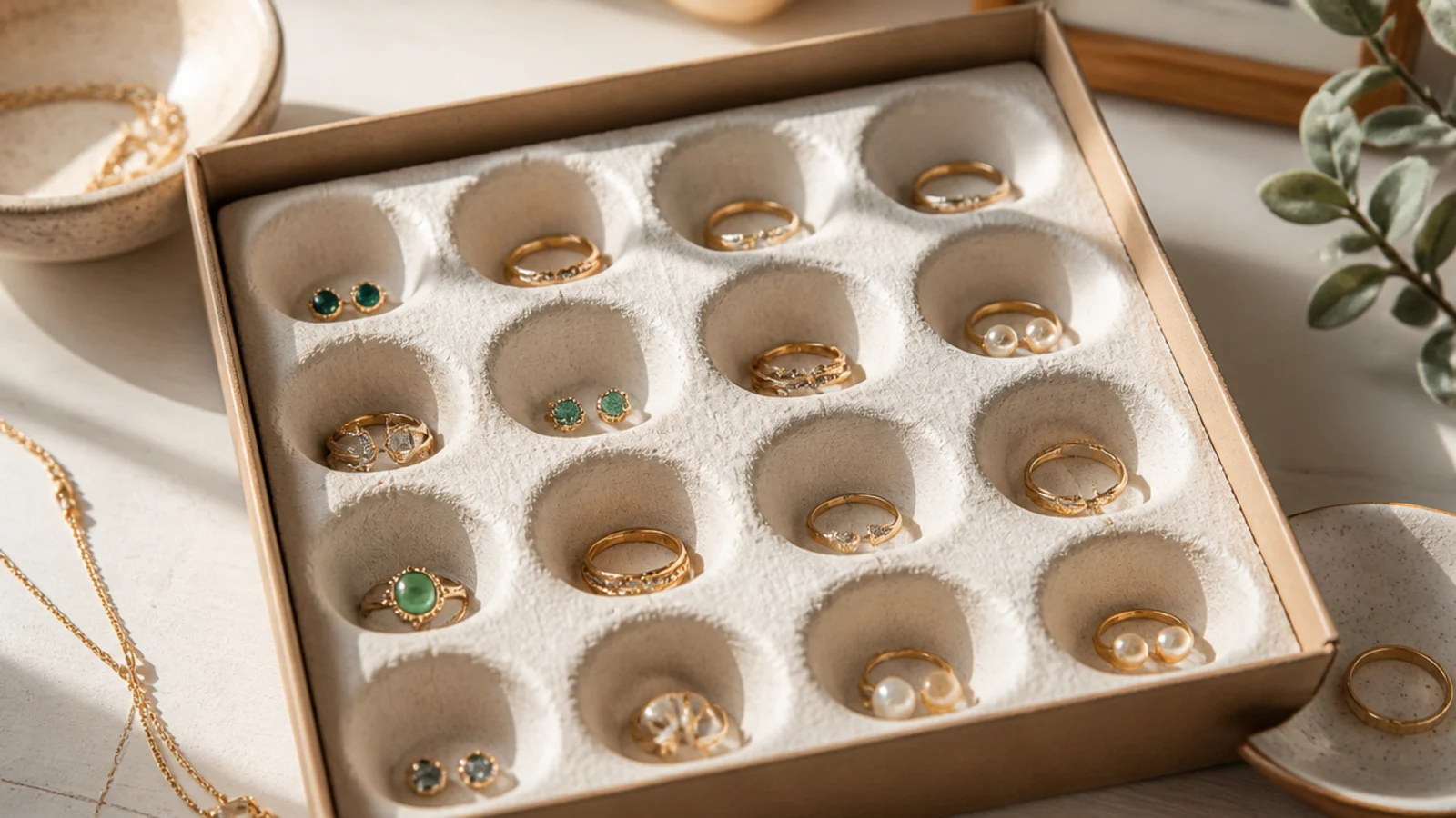 A molded-pulp egg carton painted cream set inside a box, each cup holding a separate ring or pair of studs.