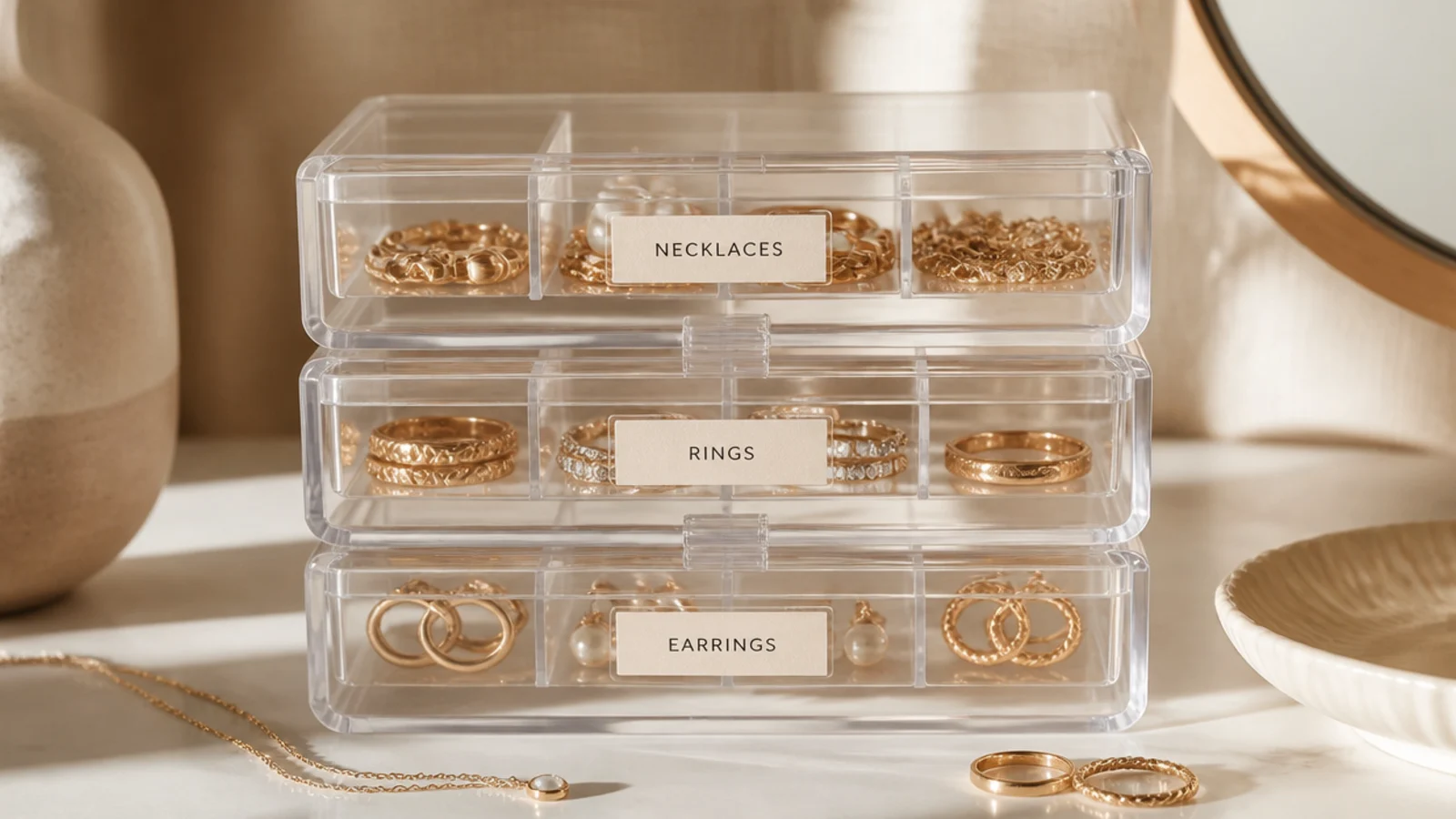 Three small clear plastic boxes stacked on a shelf, each divided and holding a different category of jewelry.
