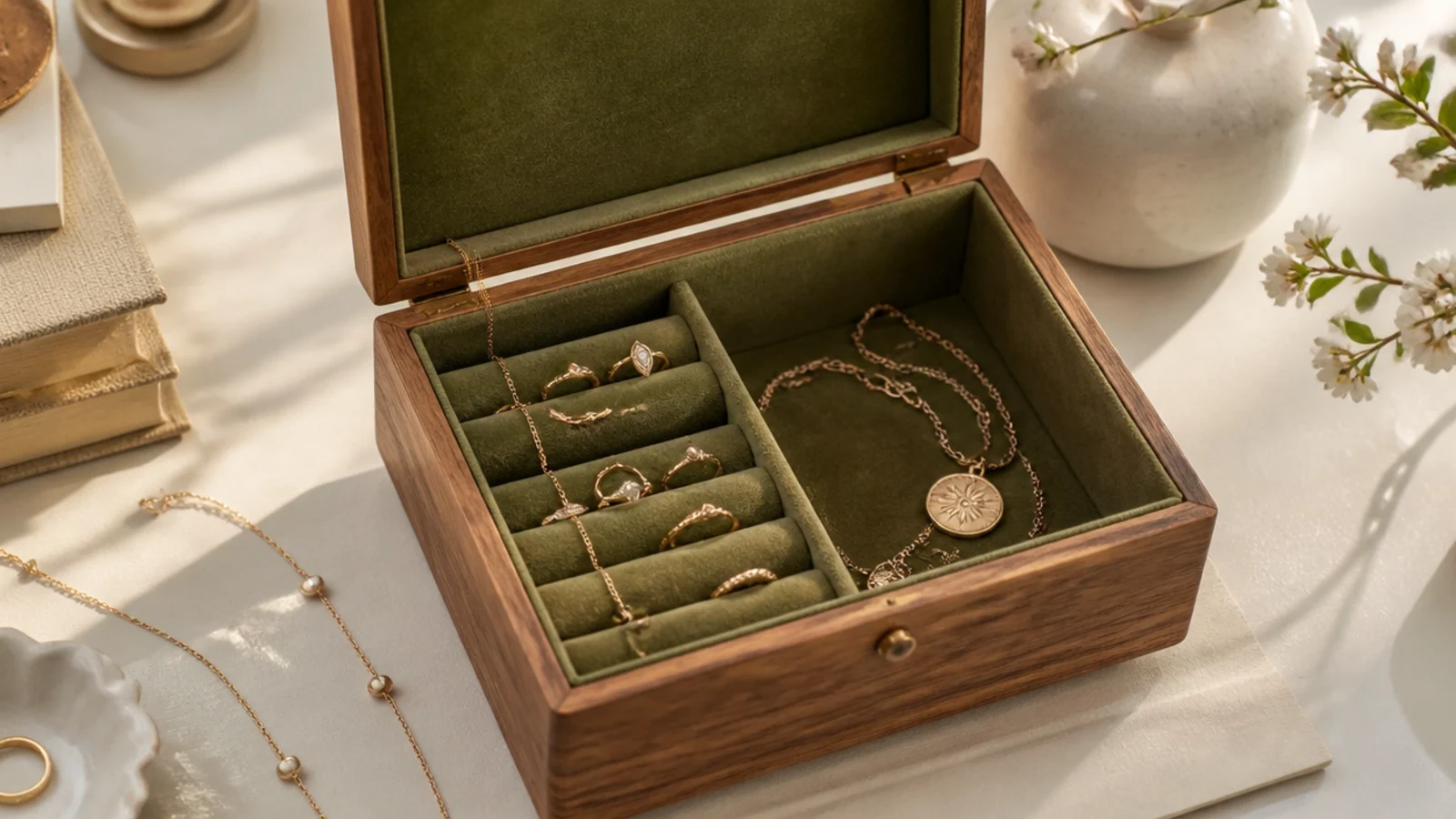 A small wooden box lined in deep velvet with padded ring rolls and a tray, holding rings and fine chains.