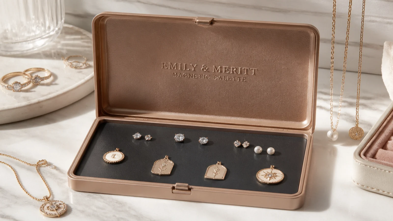 An empty magnetic makeup palette holding stud earrings by their backs and small flat pendants on the magnetic base.
