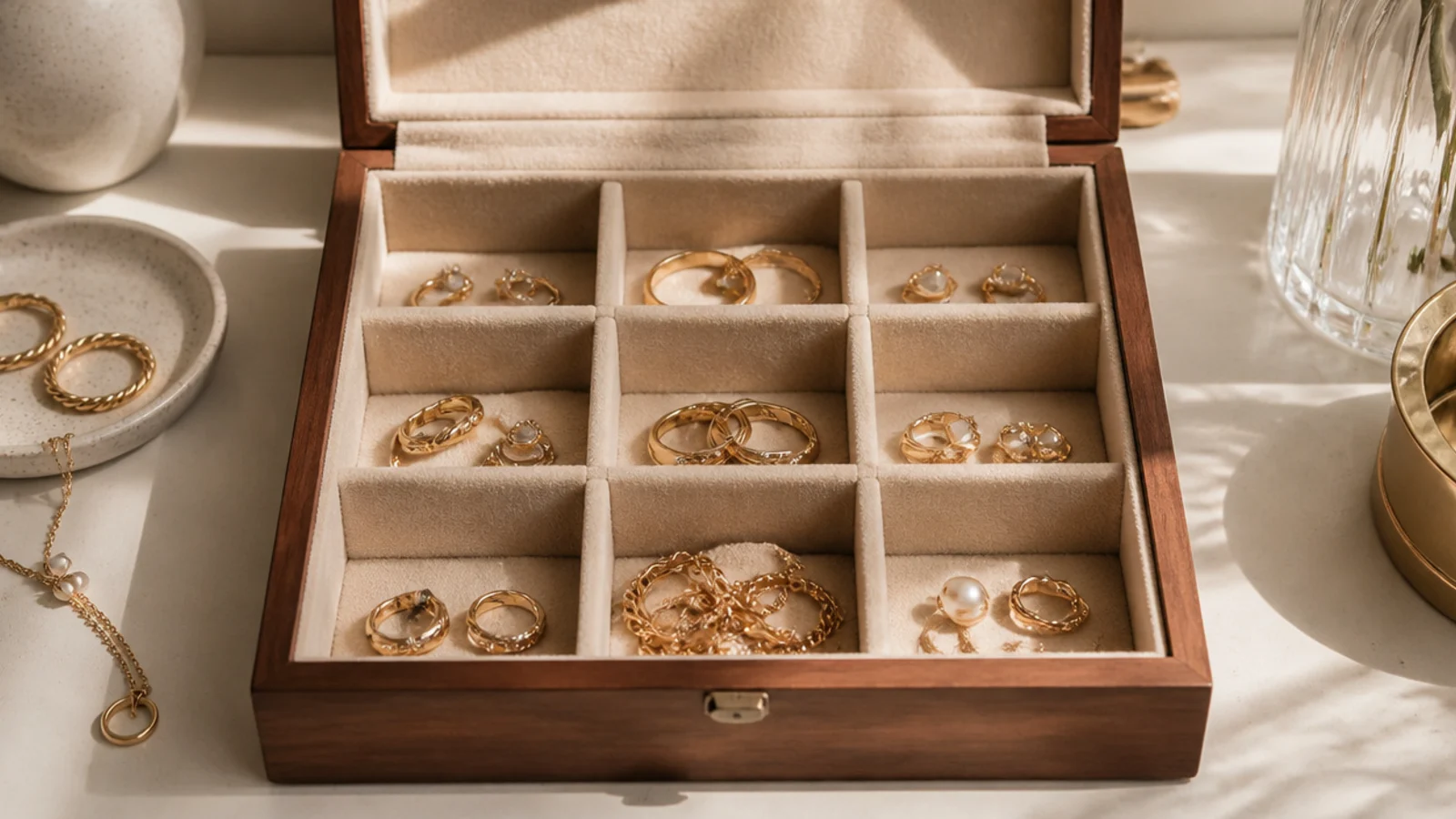 A wooden tea box with its ready-made square compartments lined in felt, each holding rings, studs, or a small chain.