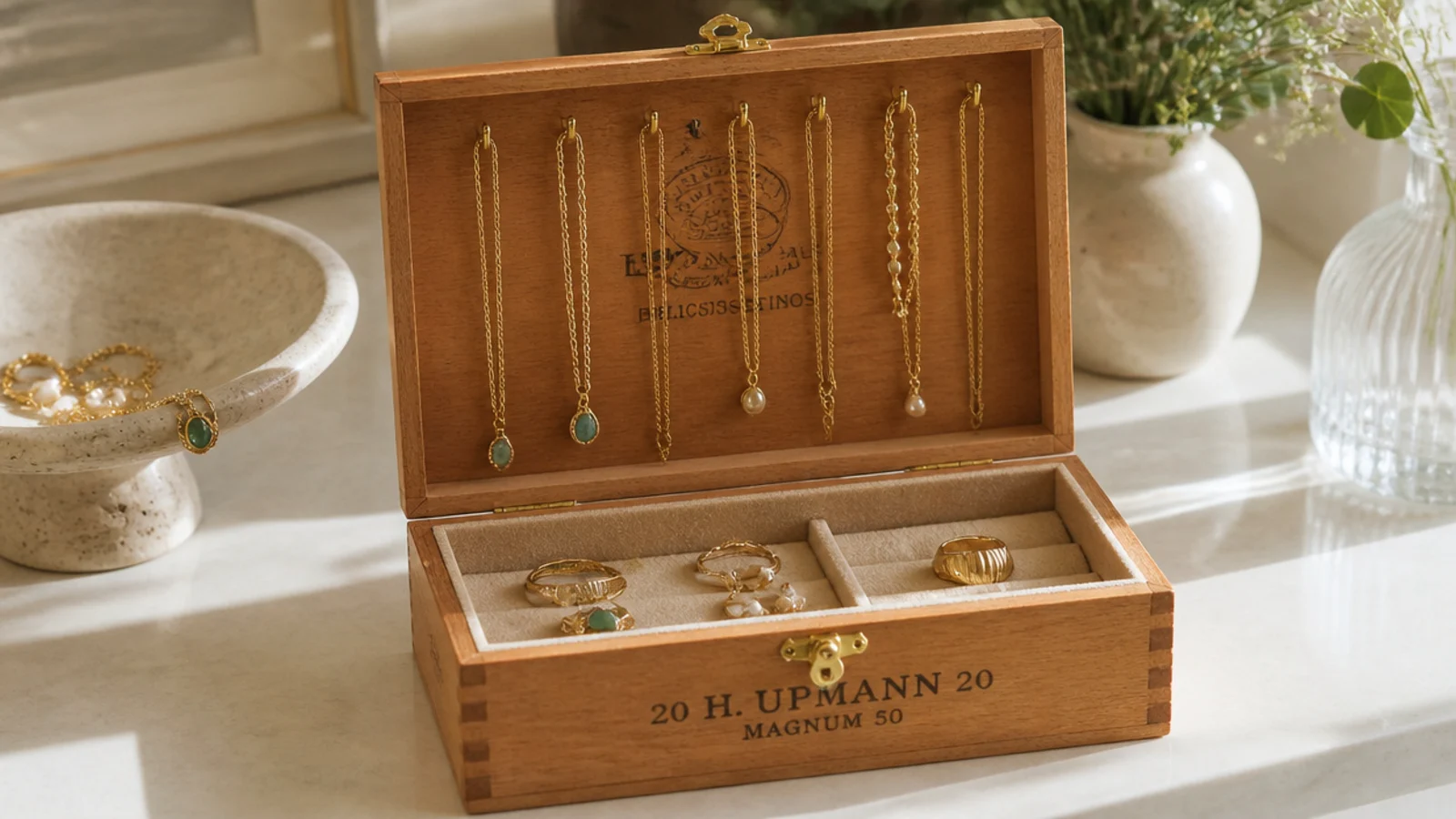 An upright cigar box with cup hooks inside the open lid holding necklaces, and a felt-lined base holding small pieces.