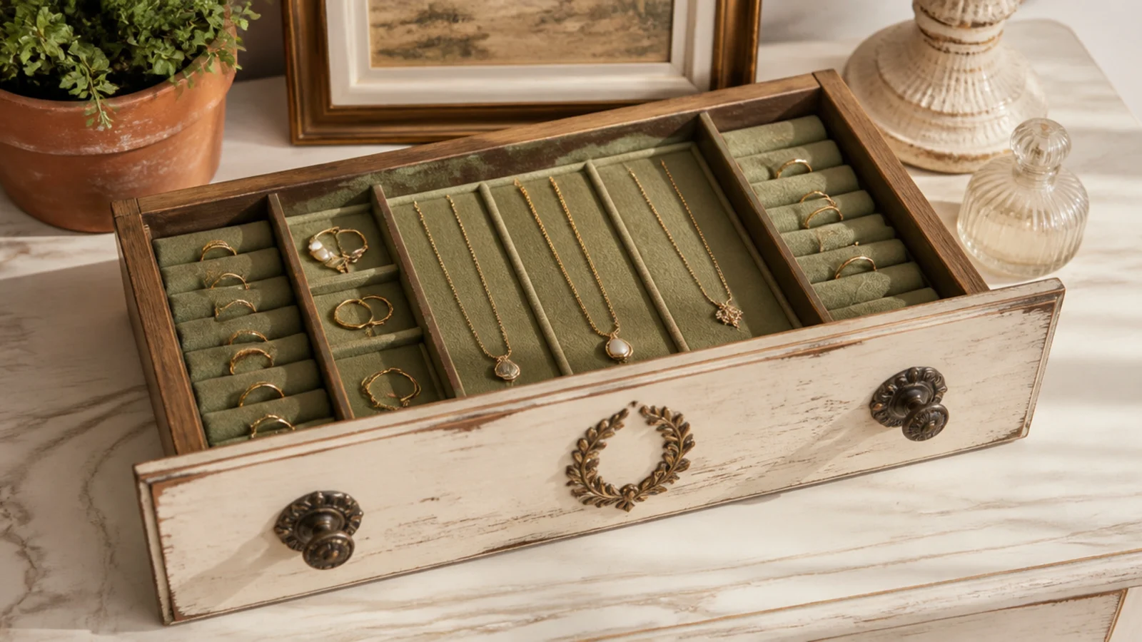 An old dresser drawer set on a shelf, lined and divided into felt sections, repurposed as an open jewelry box.