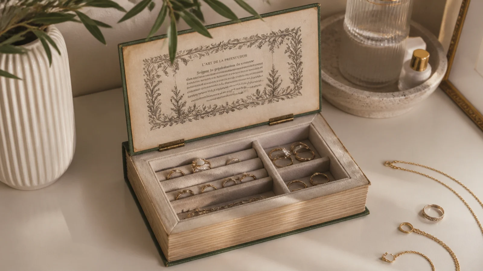 A thick old hardcover book with a hollowed, felt-lined cavity holding rings and small pieces, disguised on a shelf.