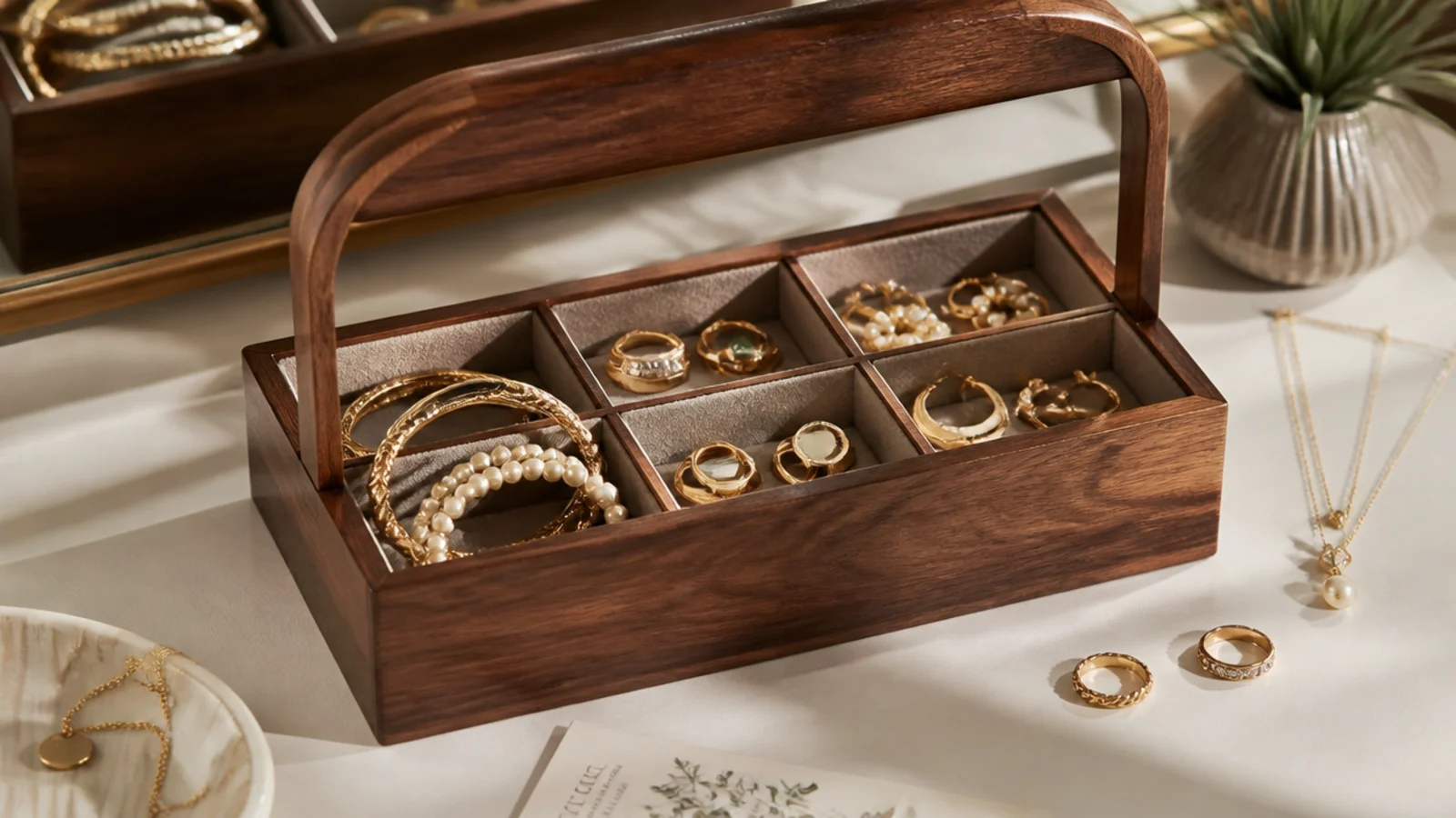 A wooden cutlery caddy with a center handle, sections lined in felt holding bracelets, rings, and earrings.