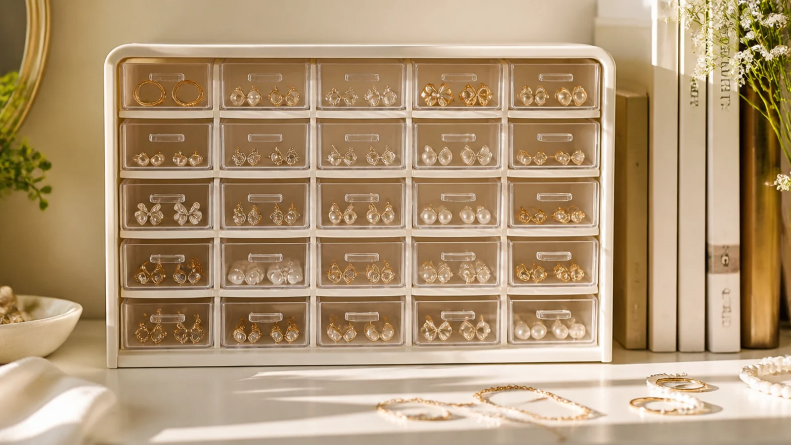 A plastic hardware organizer with many small drawers painted cream, each little drawer holding studs, rings, or charms.