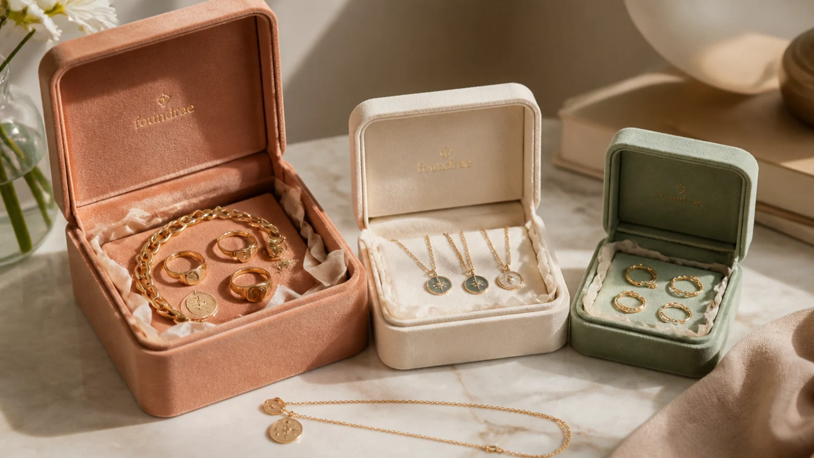 A set of three graduated lidded gift boxes lined with tissue and felt, each holding a different category of jewelry.