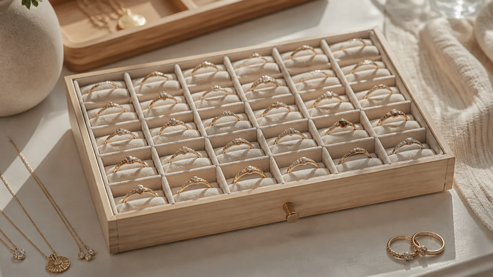 A shallow box drawer fitted with rows of small matchbox-sized slots, each slot holding one ring standing on edge.