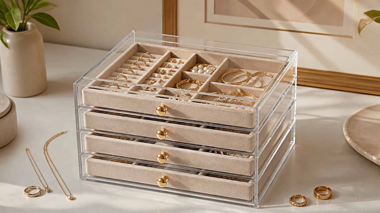 A clear acrylic box with velvet-lined trays that stack, holding rings, earrings, and bracelets, fully visible.