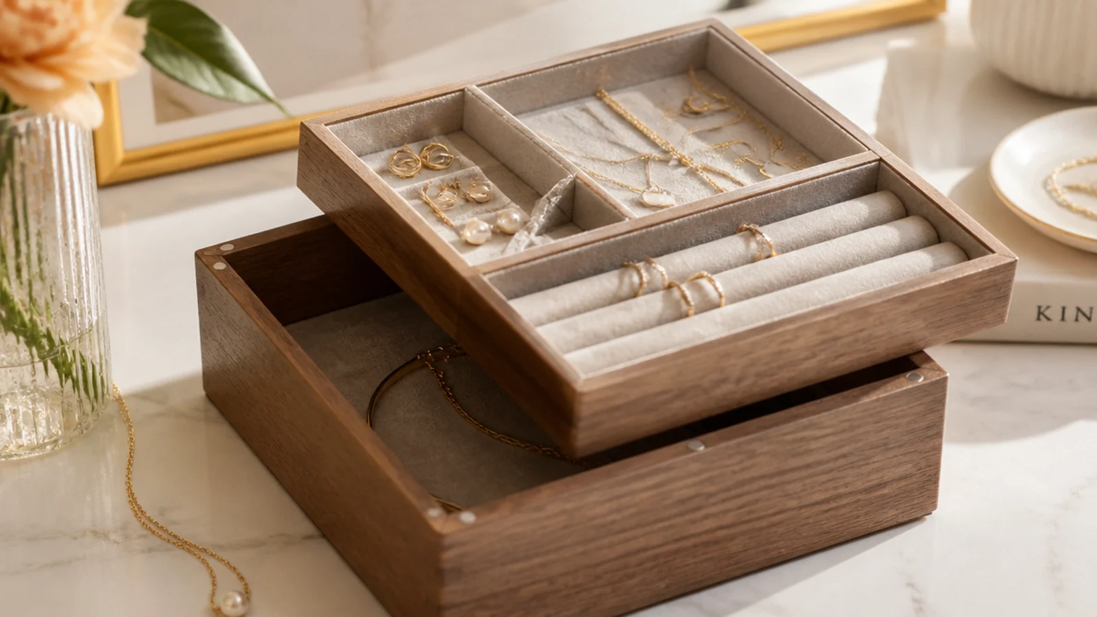 A wooden box with a felt-lined lift-out top tray revealing a deeper compartment below, holding sorted jewelry.
