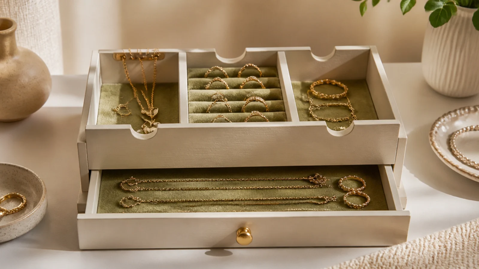 A wooden desk organizer with compartments and a small drawer, painted and felt-lined, holding jewelry by type.