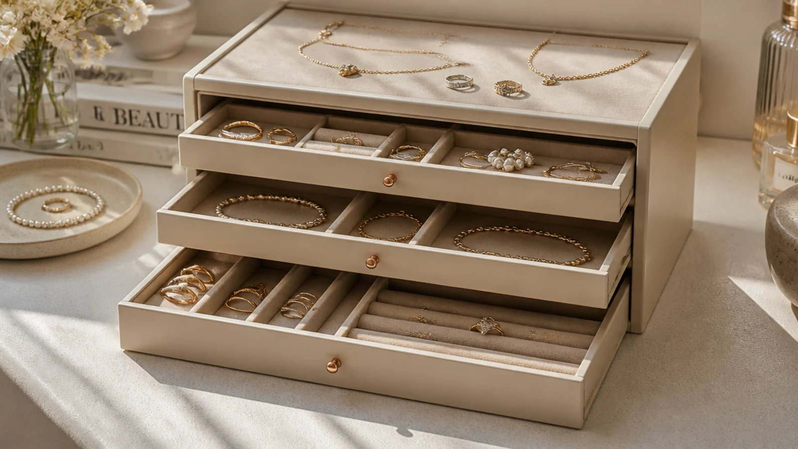 A set of shallow stacking trays in a box frame, each felt-lined tray holding a category of jewelry, pulled out to view.