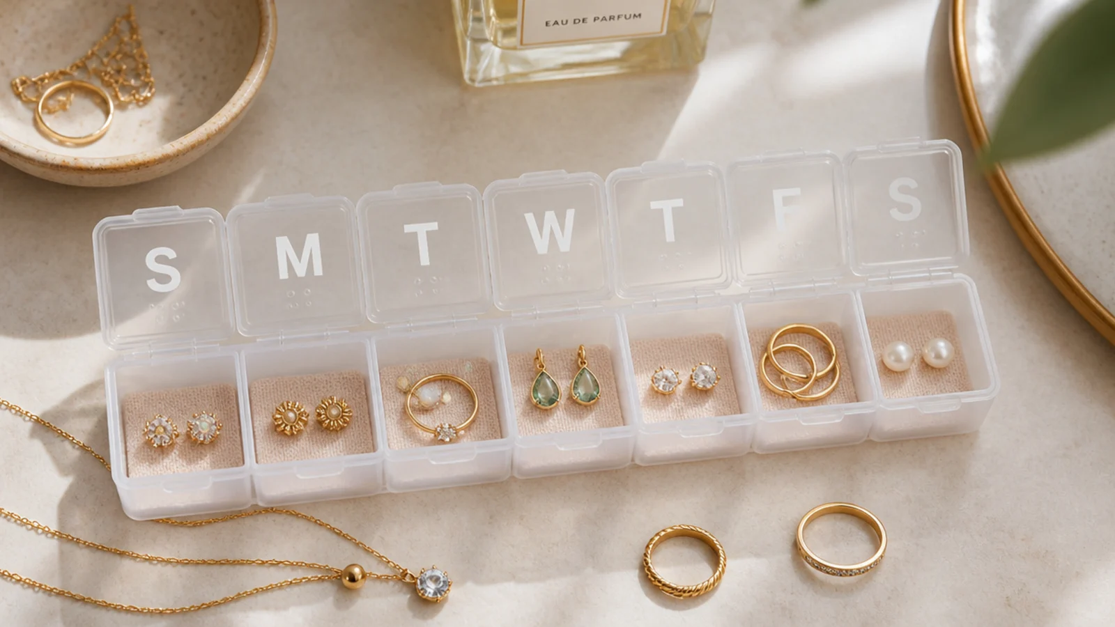 A weekly pill organizer with snap lids repurposed for jewelry, each compartment holding a pair of studs or a ring.