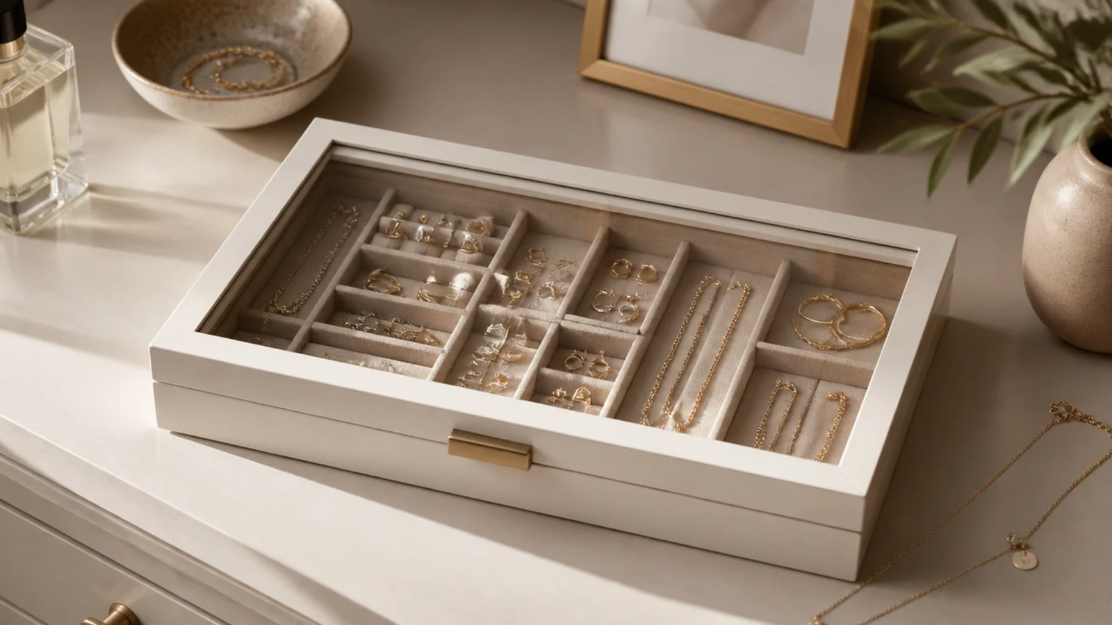 A shallow box with a clear glass lid and felt-lined compartments, jewelry sorted and visible through the top like a case.