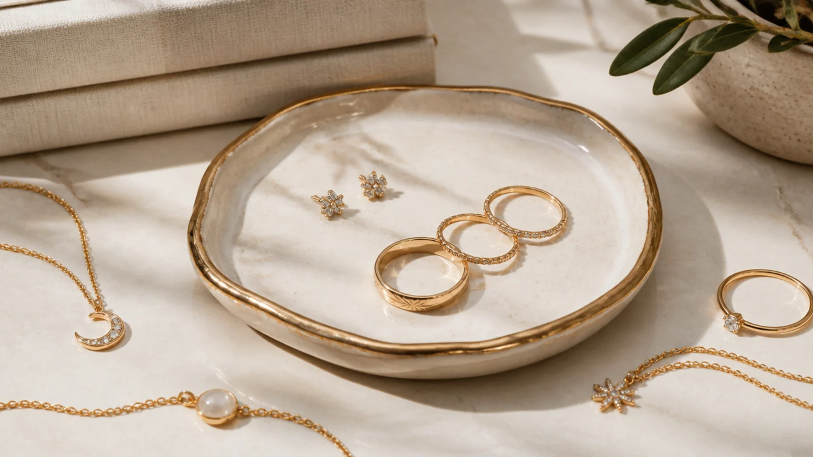 A small handmade air-dry clay dish glazed cream with a gold rim, holding a few rings and stud earrings.