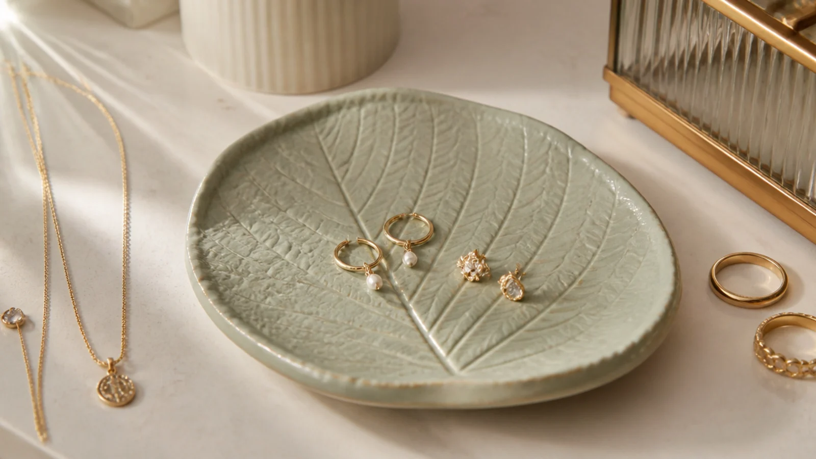 A pale sage clay dish with the detailed veins of a real leaf pressed into its surface, holding small earrings.