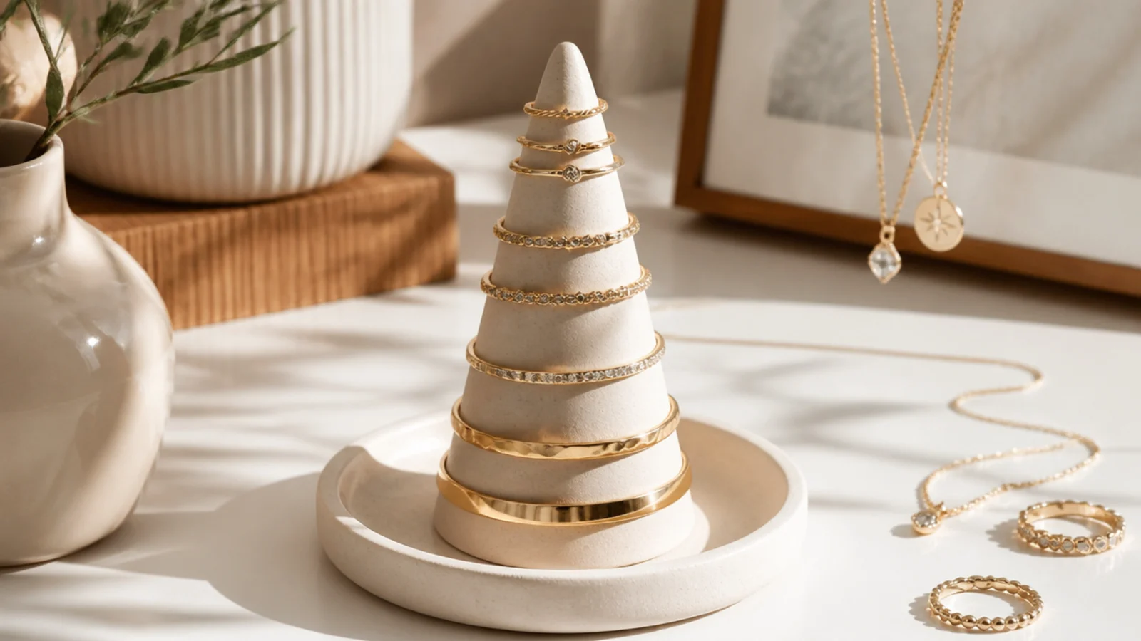 A matte-cream clay cone on a small saucer, rings stacked down its slope from small at top to large at base.