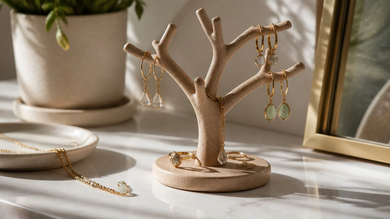 A small handmade clay stand with branching arms holding dangle earrings, on a weighted round base.