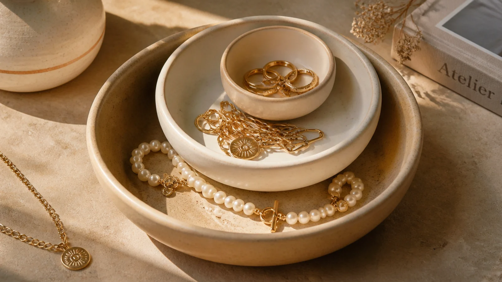 Three graduated clay bowls in cream tones nested together on a dresser, each holding a different type of jewelry.