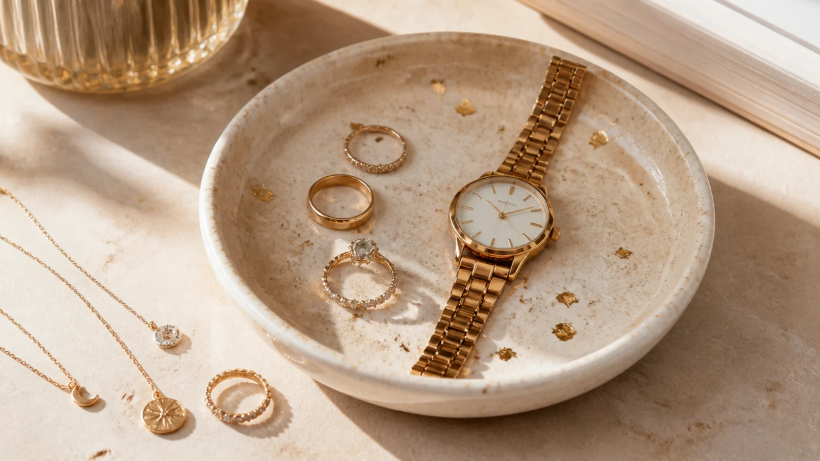 A cream clay catch-all dish flecked with tiny gold leaf pieces across the surface, holding rings and a watch.