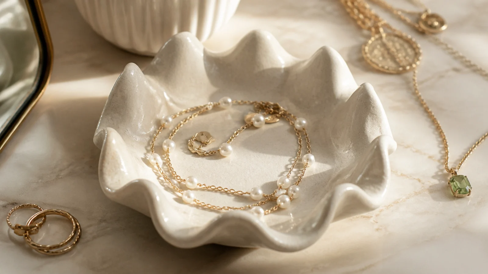 A cream clay dish with a hand-shaped scalloped rim holding a delicate necklace coiled inside.