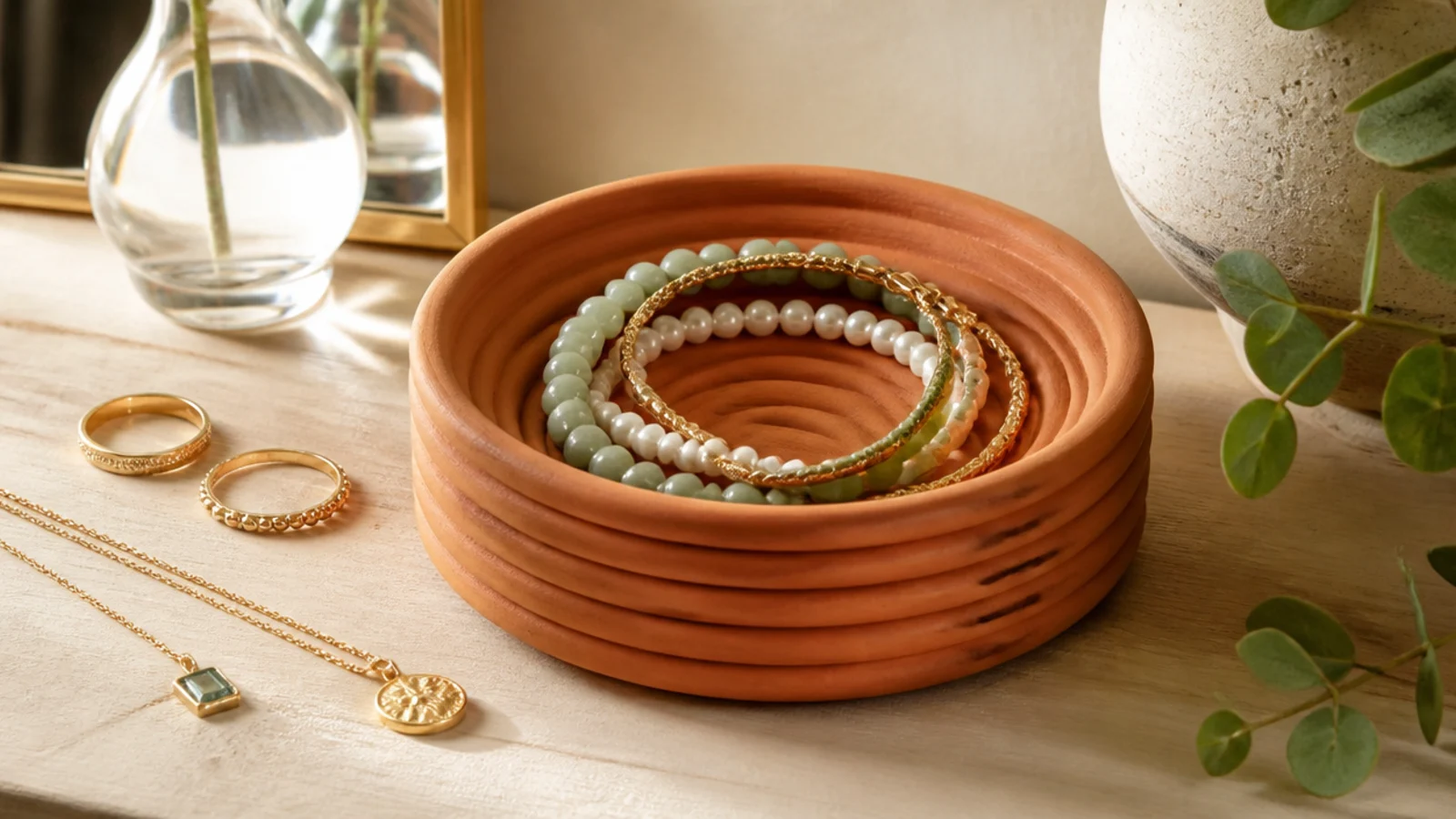 A terracotta-toned clay bowl showing rings of coiled clay stacked and blended, holding coiled bracelets.