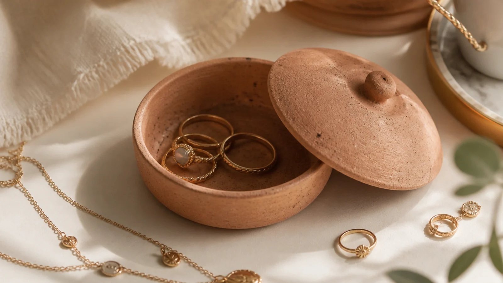 A small round clay box with a fitted lid topped by a tiny clay knob, holding rings inside, on a nightstand.