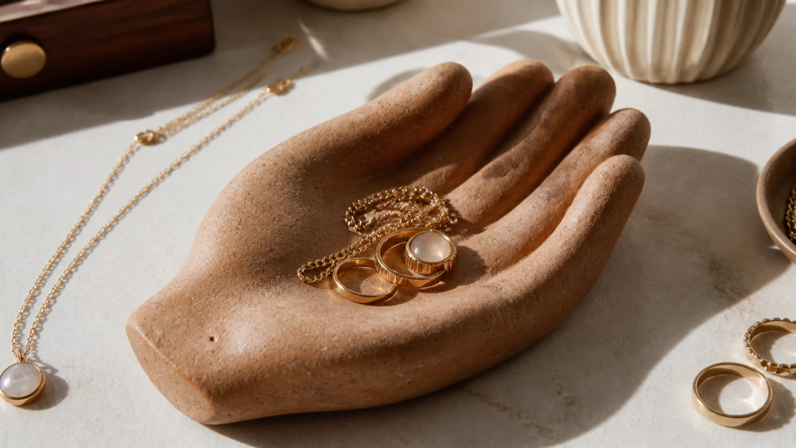 A clay dish shaped like a gently cupped open hand, palm up, holding a few rings and a folded chain.