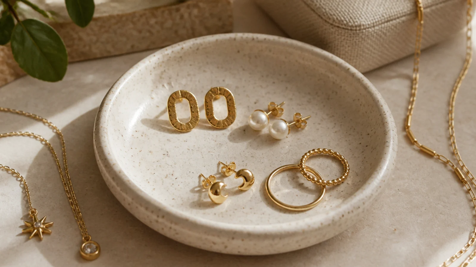 A cream clay dish flecked with fine dark speckles like stoneware pottery, holding stud earrings.