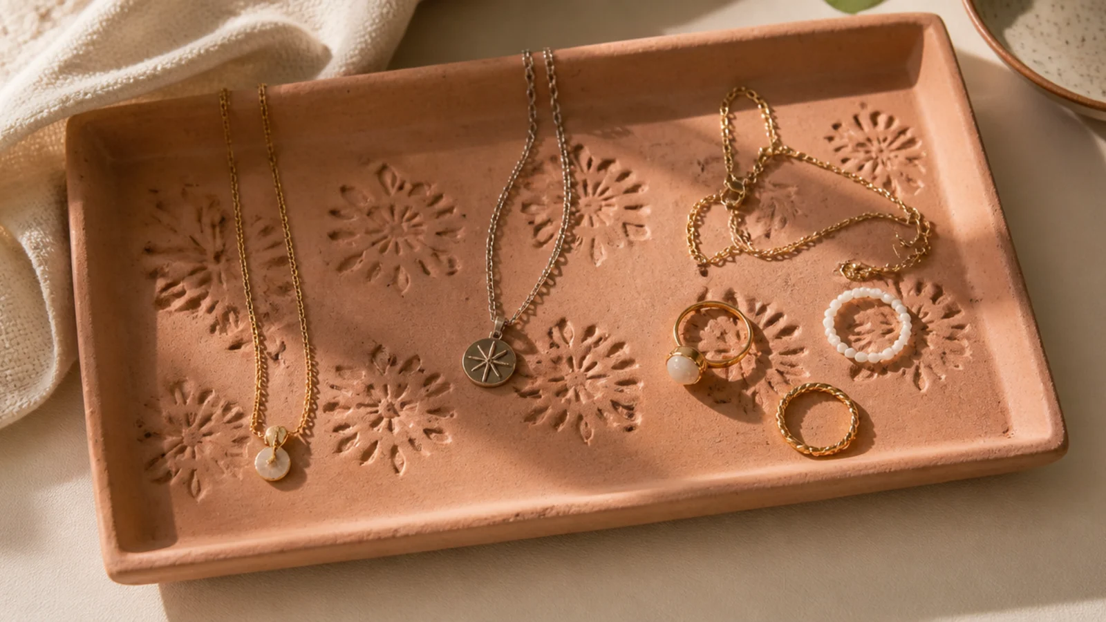 A rectangular clay tray with a repeating stamped floral pattern pressed into its surface, holding mixed jewelry.