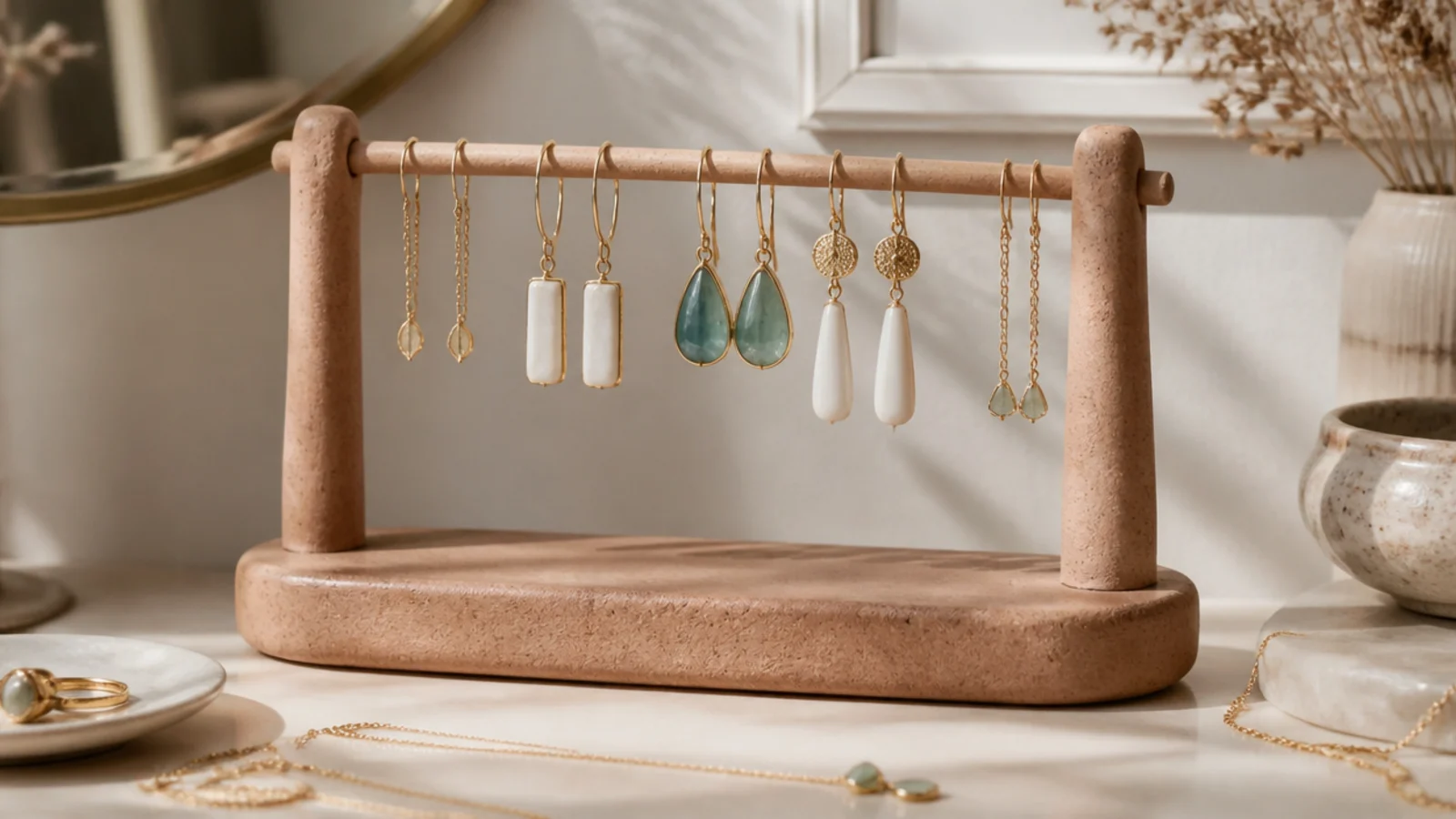 A clay stand with a horizontal bar between two uprights on a weighted base, dangle earrings hooked along the bar.