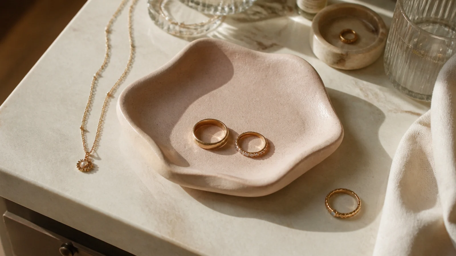 A free-form clay dish with soft irregular edges in a matte blush finish, holding a couple of rings.