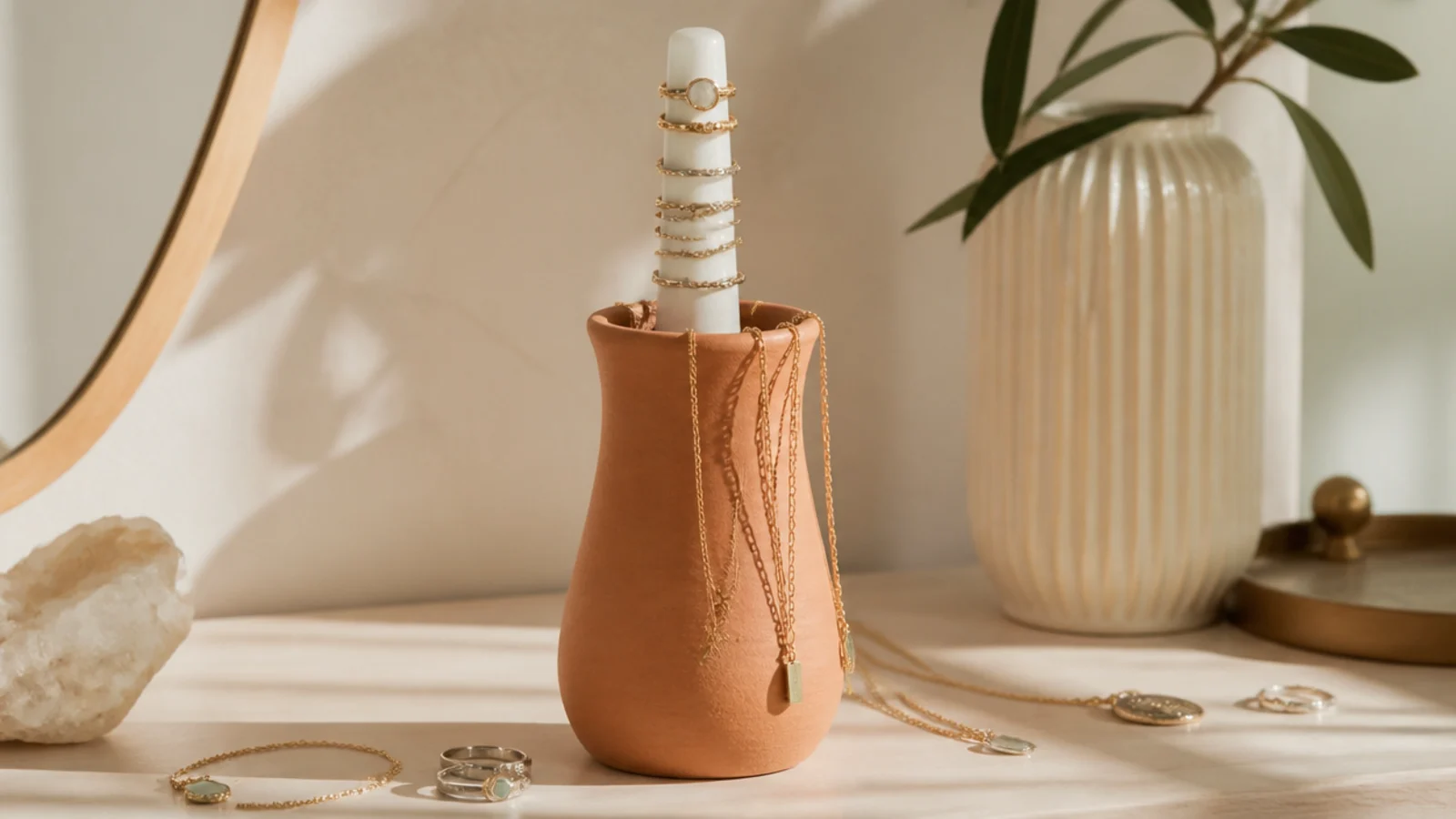 A narrow clay bud-vase shape holding a slim dowel of stacked rings, a couple of chains draped over the rim.